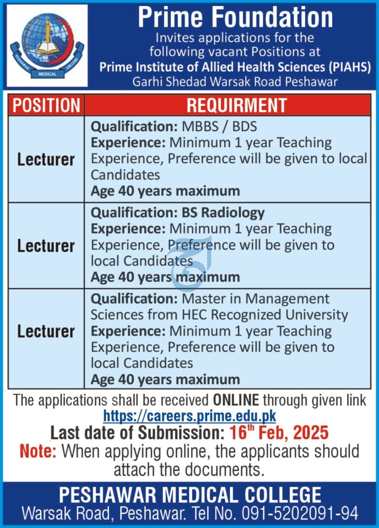 Prime Foundation Job Opportunities for Lecturers at PIAHS Peshawar