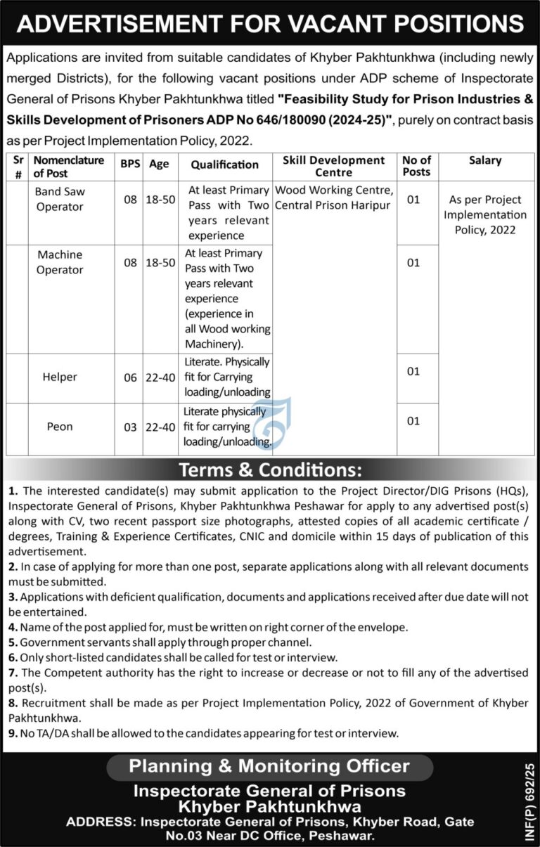 Prisons Department Job Opportunities in Khyber Pakhtunkhwa