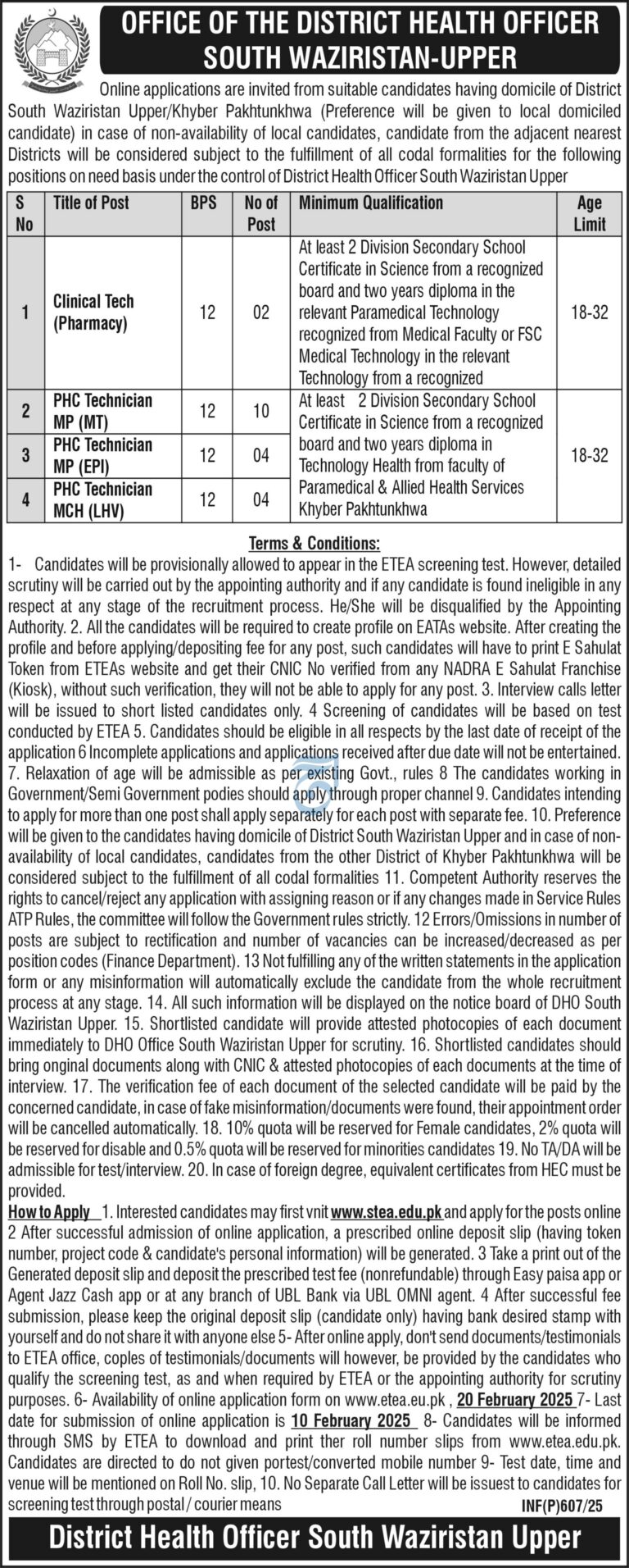 Job Opportunities DHO South Waziristan-Upper