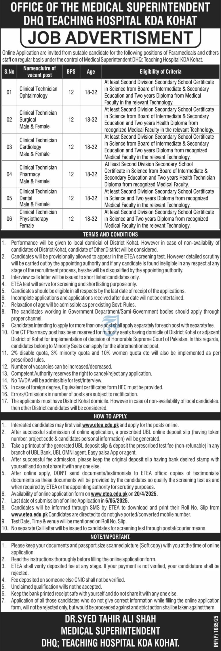 DHQ Teaching Hospital KDA Kohat Job Advertisement 2025