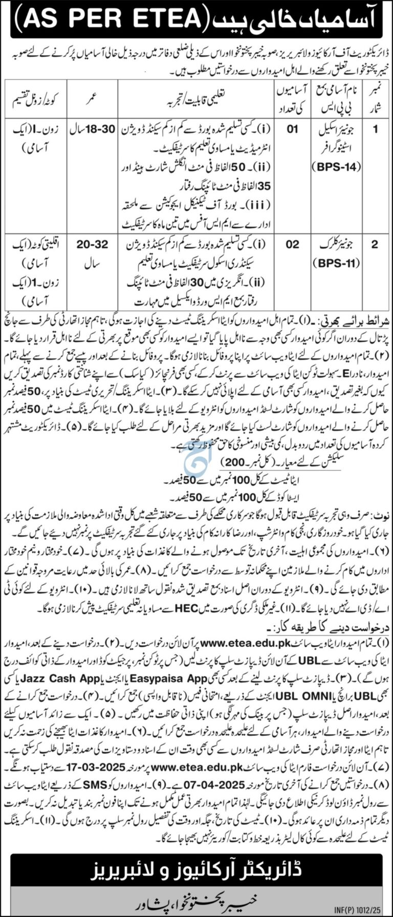 Directorate of Archives and Libraries KPK Jobs