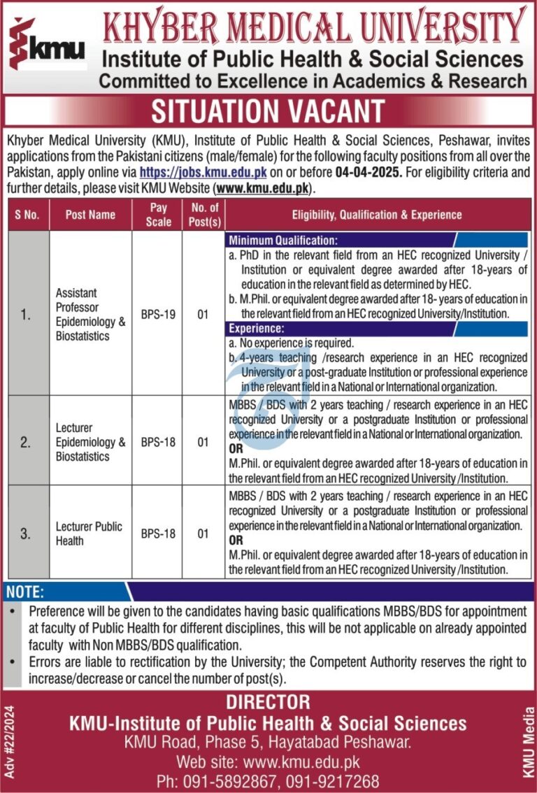 Faculty jobs Open at Khyber Medical University 2025 – Apply Now!