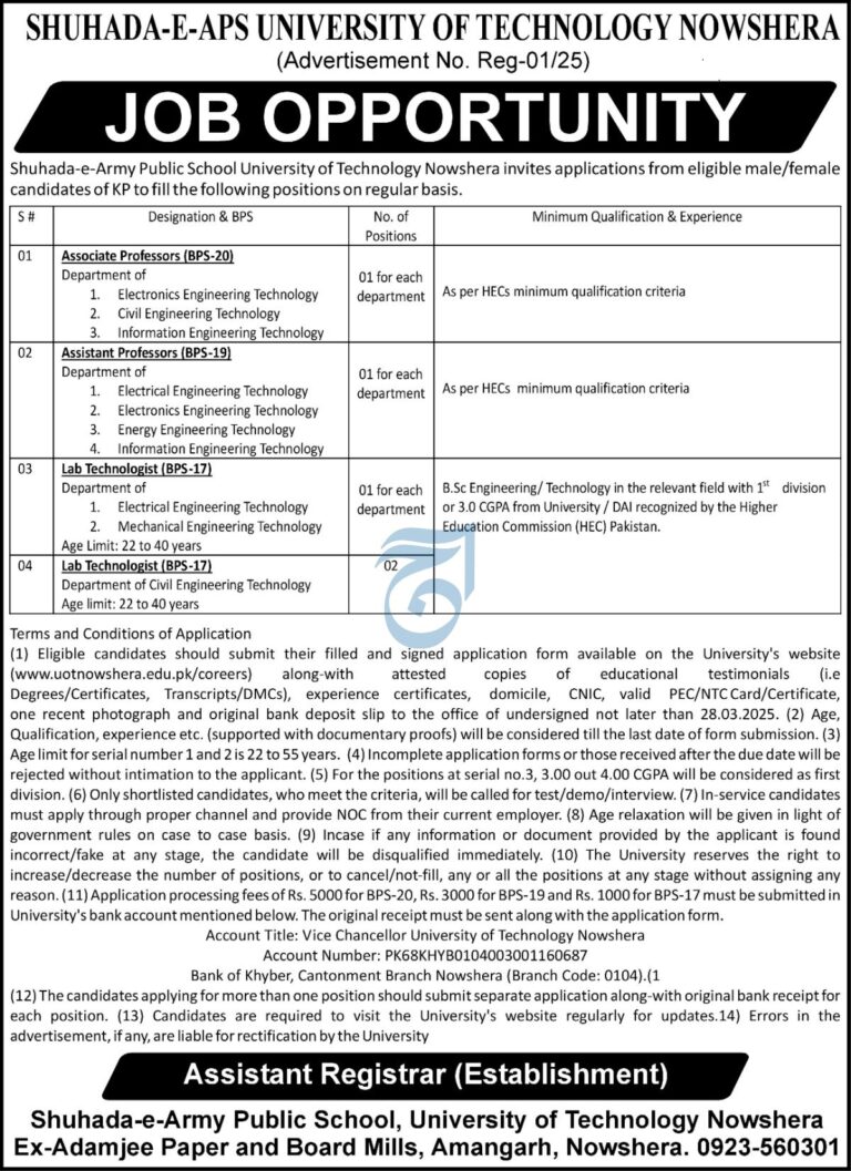 Nowshera Job Opportunities at Shuhada-e-APS University of Technology Nowshera