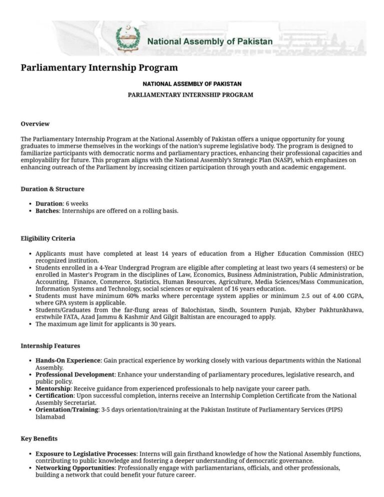 NATIONAL ASSEMBLY OF PAKISTAN - pARLIAMENTARY INTERNSHIP PROGRAM 2025