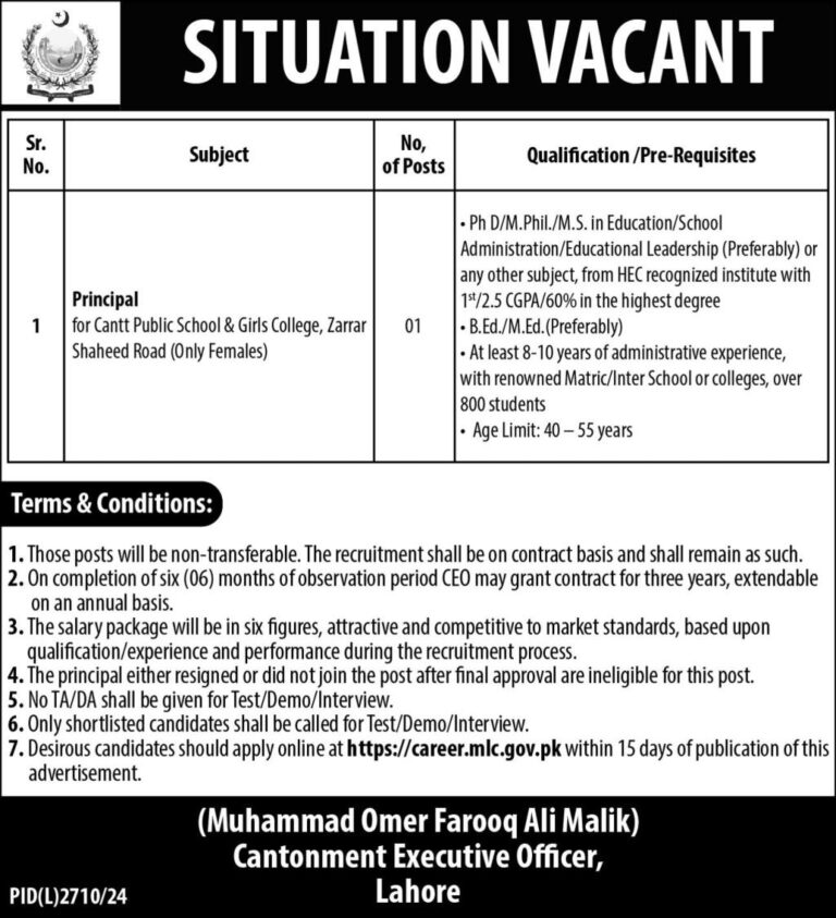 Principal Vacancy at Cantt Public School & Girls College, Lahore – Apply Now!