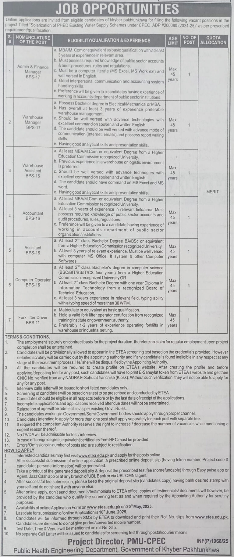 Exciting Government Job Opportunities in Khyber Pakhtunkhwa – Apply Now for PMU-CPEC Project 2025