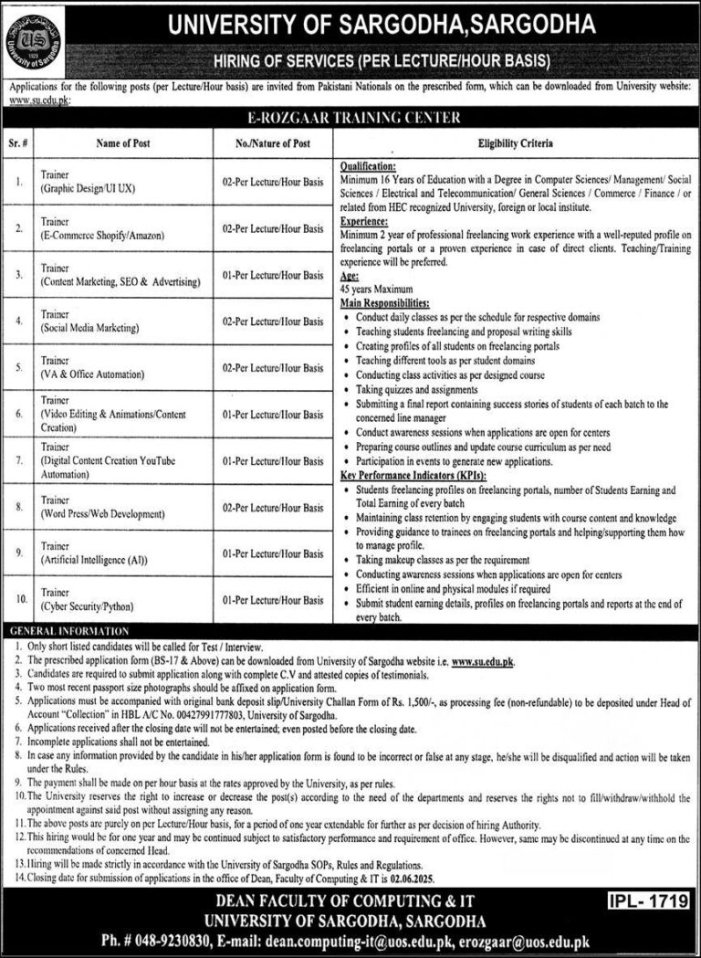 Join the University of Sargodha as a Freelance Skills Trainer – Multiple Hourly Positions Available for 2025
