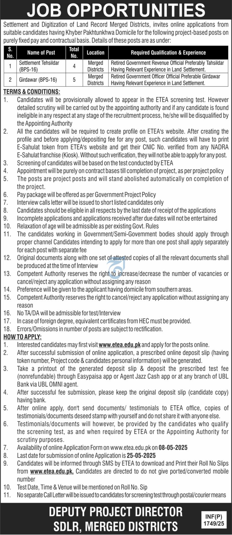 KPK Project-Based Jobs 2025 Apply for Settlement Tehsildar and Girdawar Posts in Merged Districts