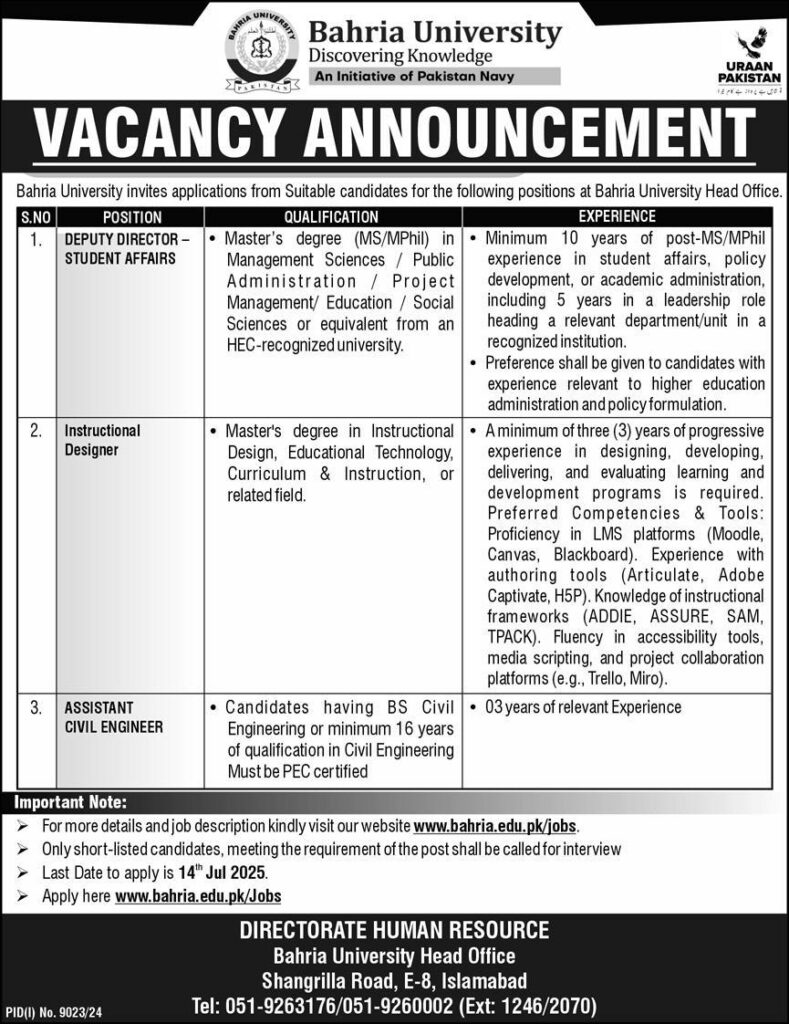 Bahria University Faculty & Staff Recruitment 2025 – Multiple Positions Available 3 Bahria University Faculty & Staff Recruitment 2025 – Multiple Positions Available