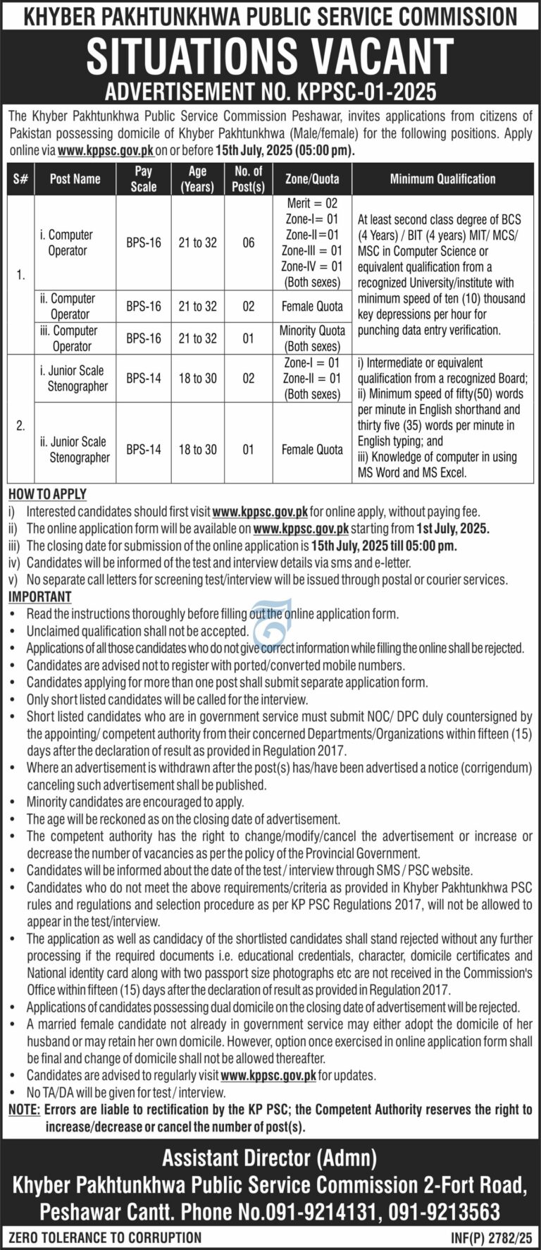 KPPSC Jobs 2025 Advertisement No. 012025