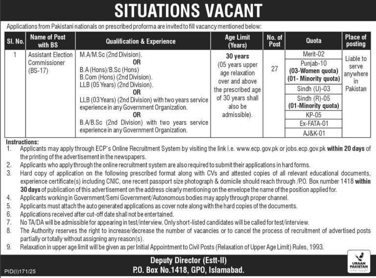 ECP Jobs 2025 Apply Online for Assistant Election Commissioner (BS-17) Positions