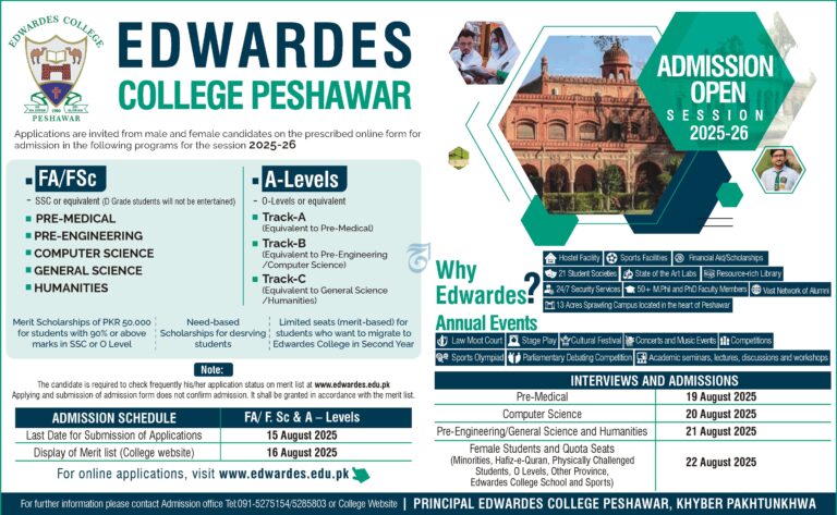 Edwardes College Peshawar Admissions 2025-26 Programs, Scholarships, and Key Dates