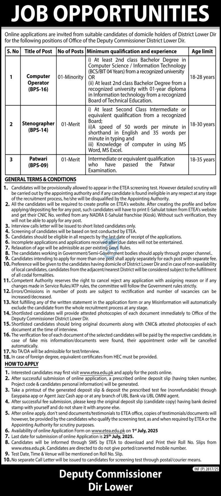 Government jobs in Lower Dir Multiple Positions in Office of the Deputy Commissioner, District Lower Dir