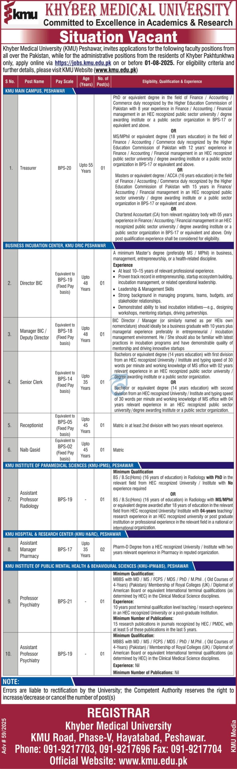 KMU Jobs 2025 – Online Application for Faculty and Admin Vacancies