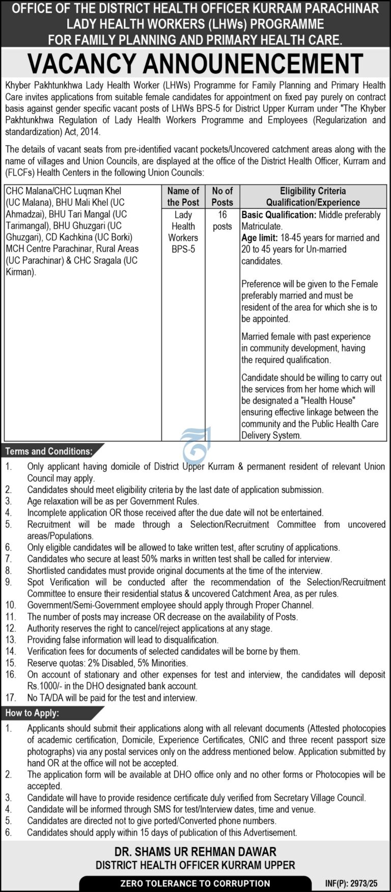 Lady Health Worker Jobs in Kurram 2025 – 16 Vacancies Announced in Upper Kurram