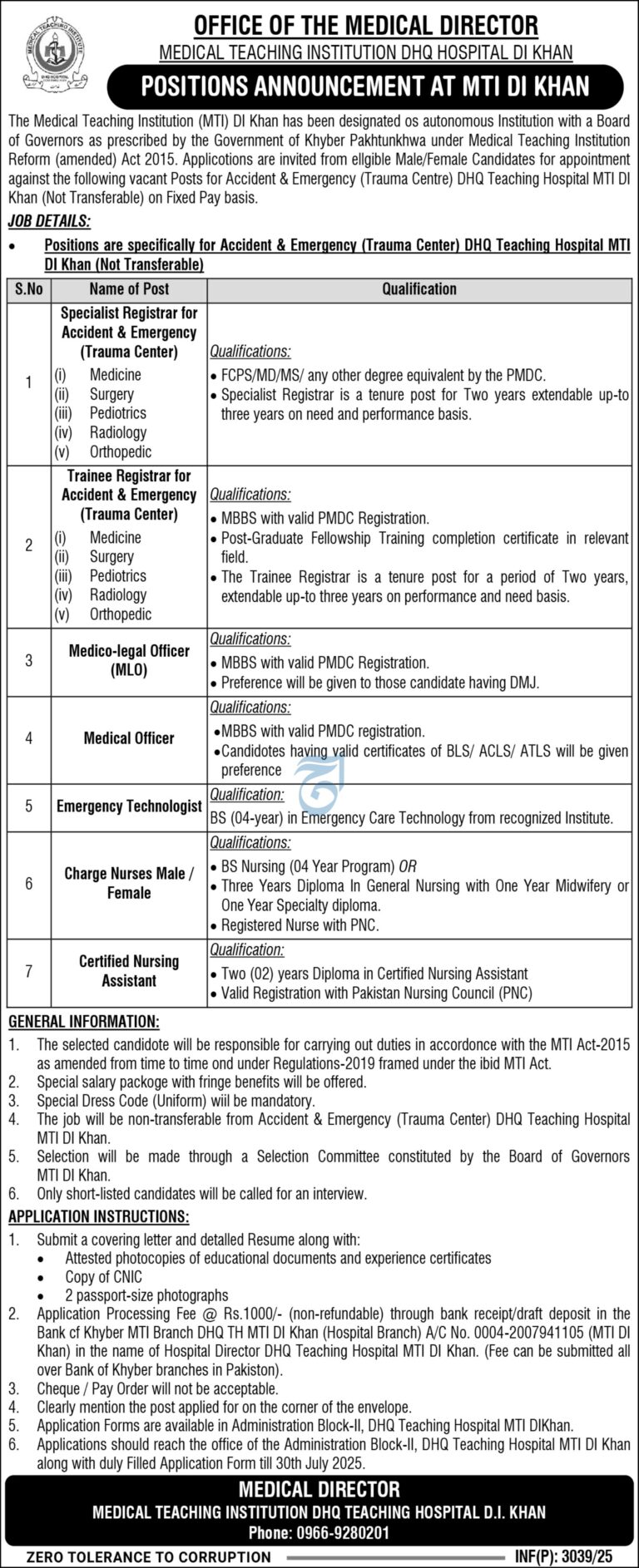 MTI DHQ Hospital DI Khan Jobs 2025 – Emergency & Trauma Center Positions Open