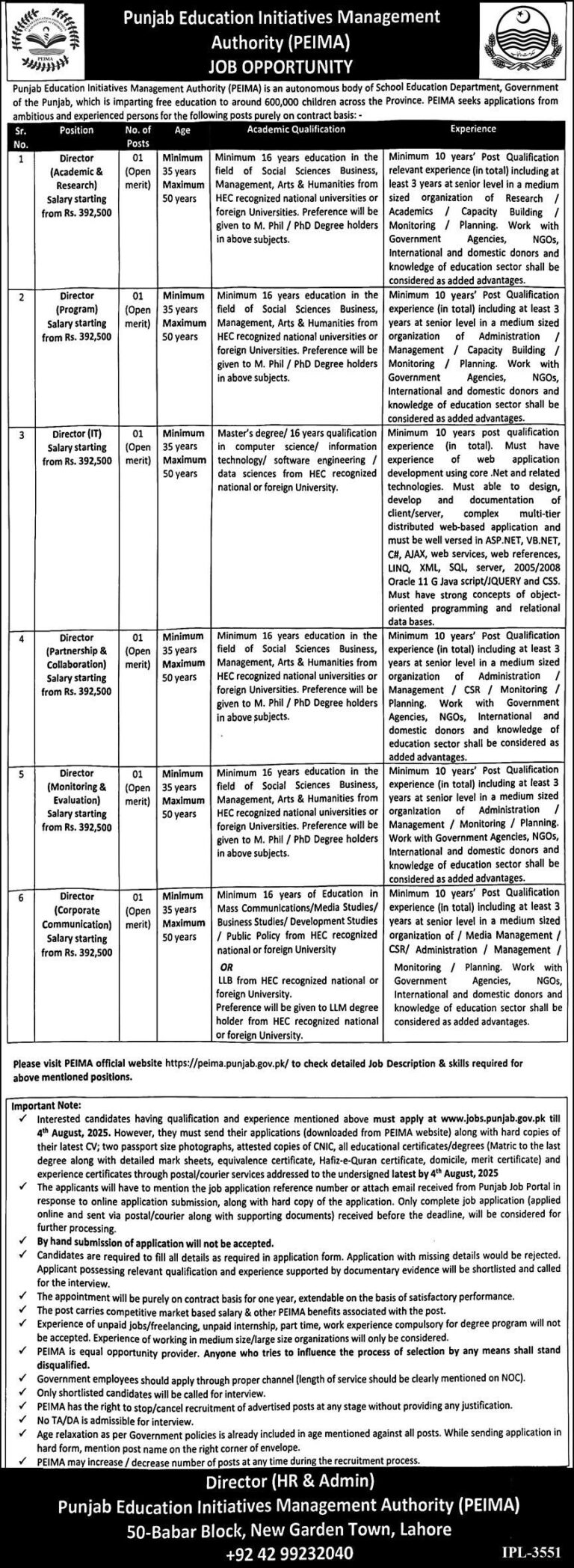 Punjab Education Initiatives Management Authority (PEIMA) Announces Director Level Jobs