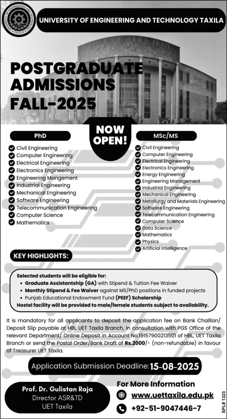 UET Taxila Announces Postgraduate Admissions Fall 2025 – Apply Now!