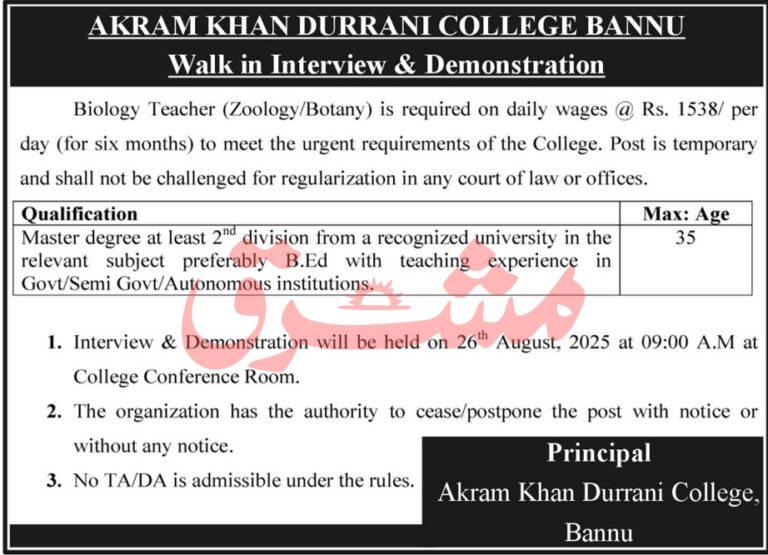 Biology Teacher Job in Bannu Walk-in Interview on 26 August
