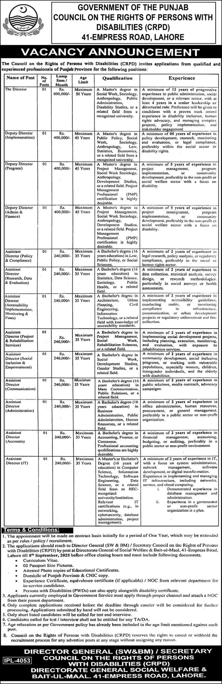 Government of Punjab Jobs 2025 – CRPD Latest Vacancies | Apply Online