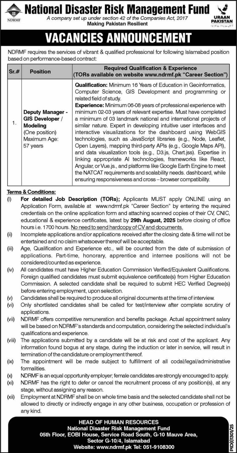 NDRMF Jobs 2025 - Deputy Manager GIS Developer (Islamabad)