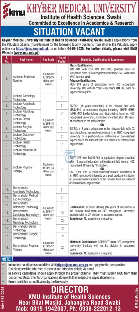 KMU Institute of Health Sciences Swabi Jobs 2025 Apply for 25+ Faculty Positions KMU Institute of Health Sciences Swabi Jobs 2025 Apply for 25+ Faculty Positions