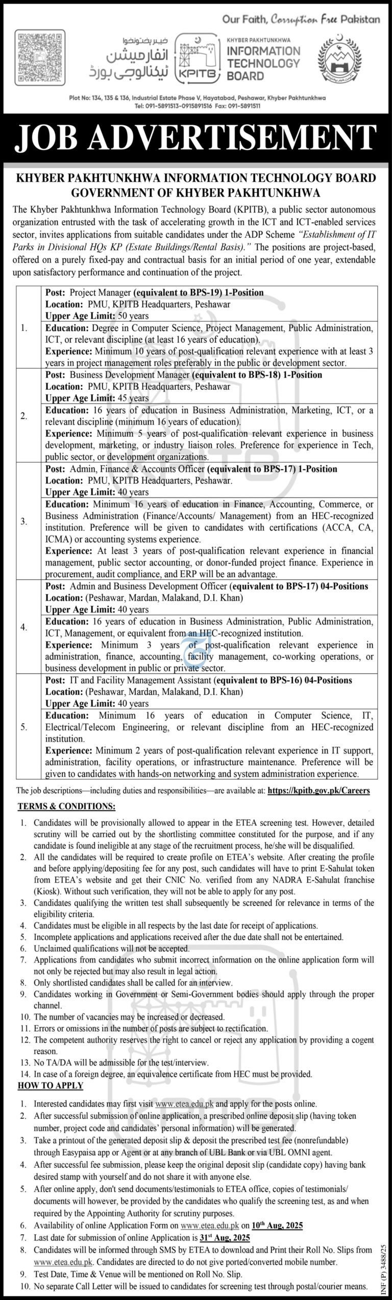 KPITB Jobs 2025 - Project-Based IT Positions in Khyber Pakhtunkhwa