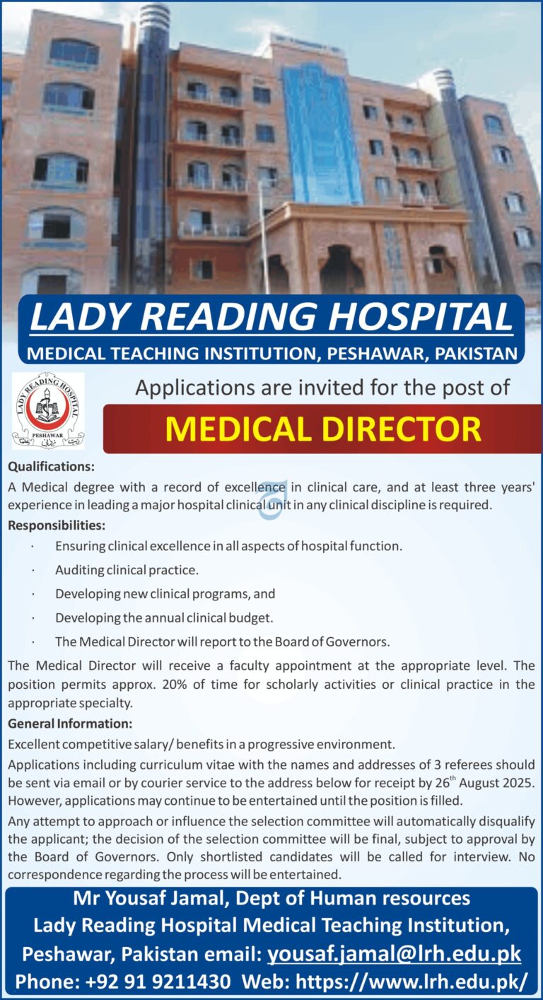 Medical Director Job at Lady Reading Hospital, Peshawar – Apply by 26th August 2025