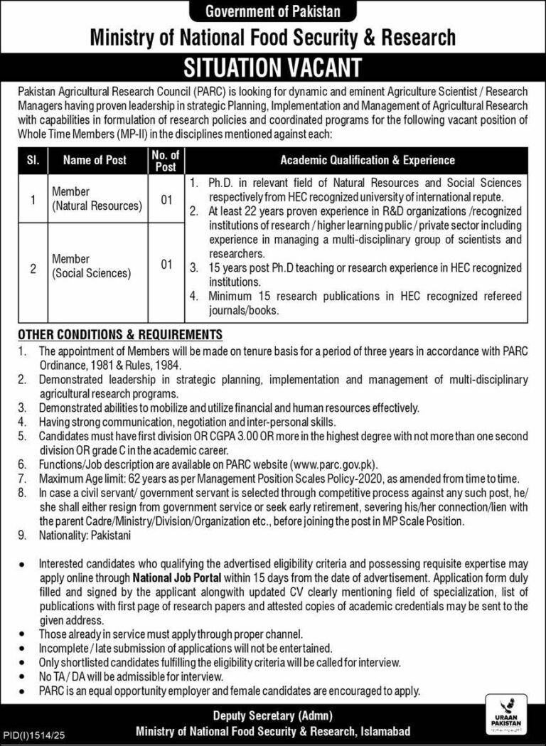 Pakistan Agricultural Research Council (PARC) Jobs 2025 – Apply Online