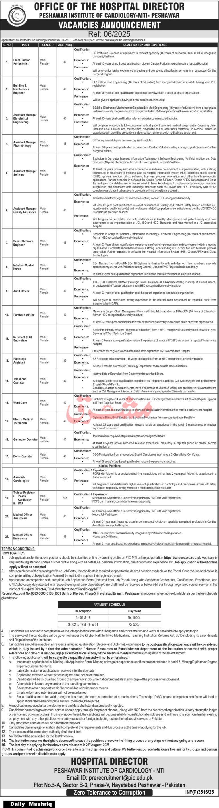 Peshawar Institute of Cardiology MTI Jobs 2025 – Apply Online for 21+ Positions