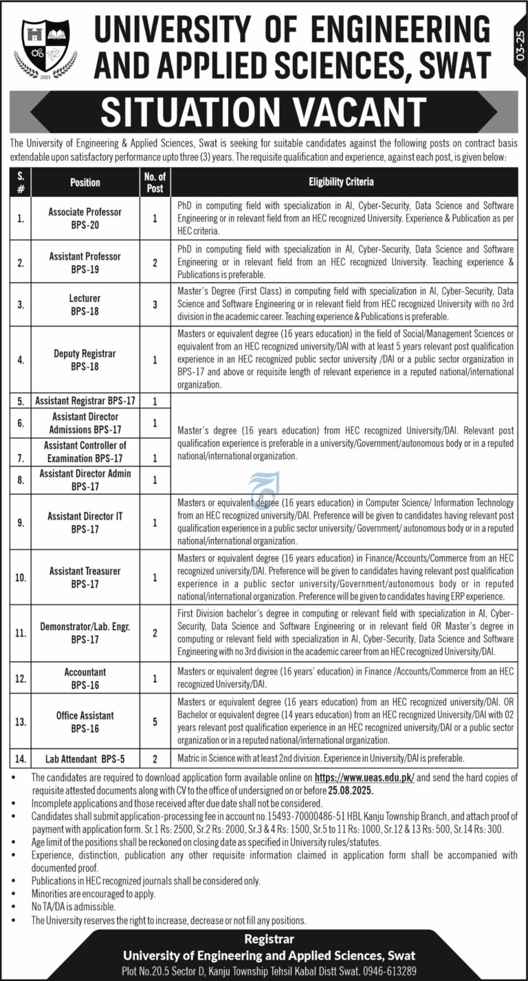 University of Engineering and Applied Sciences, Swat Jobs 2025