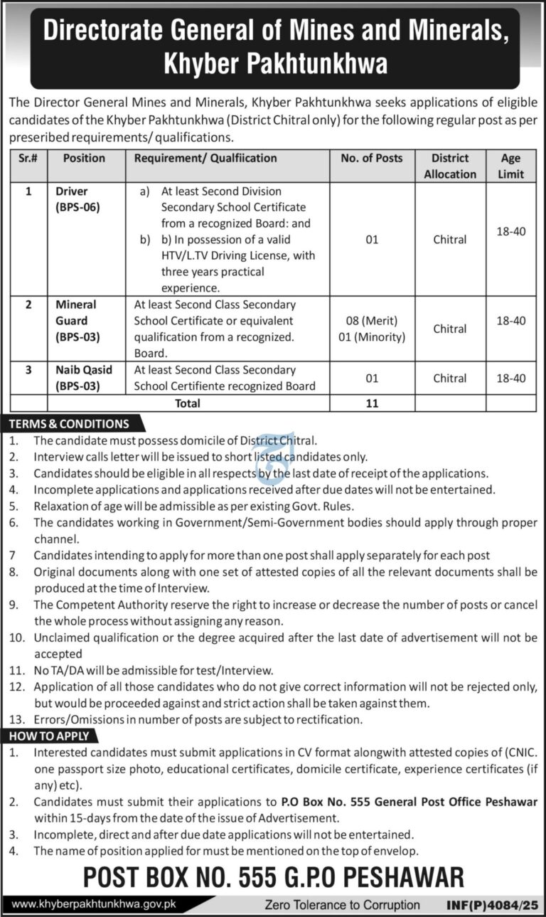Directorate General of Mines and Minerals Khyber Pakhtunkhwa Jobs 2025 | Apply Now