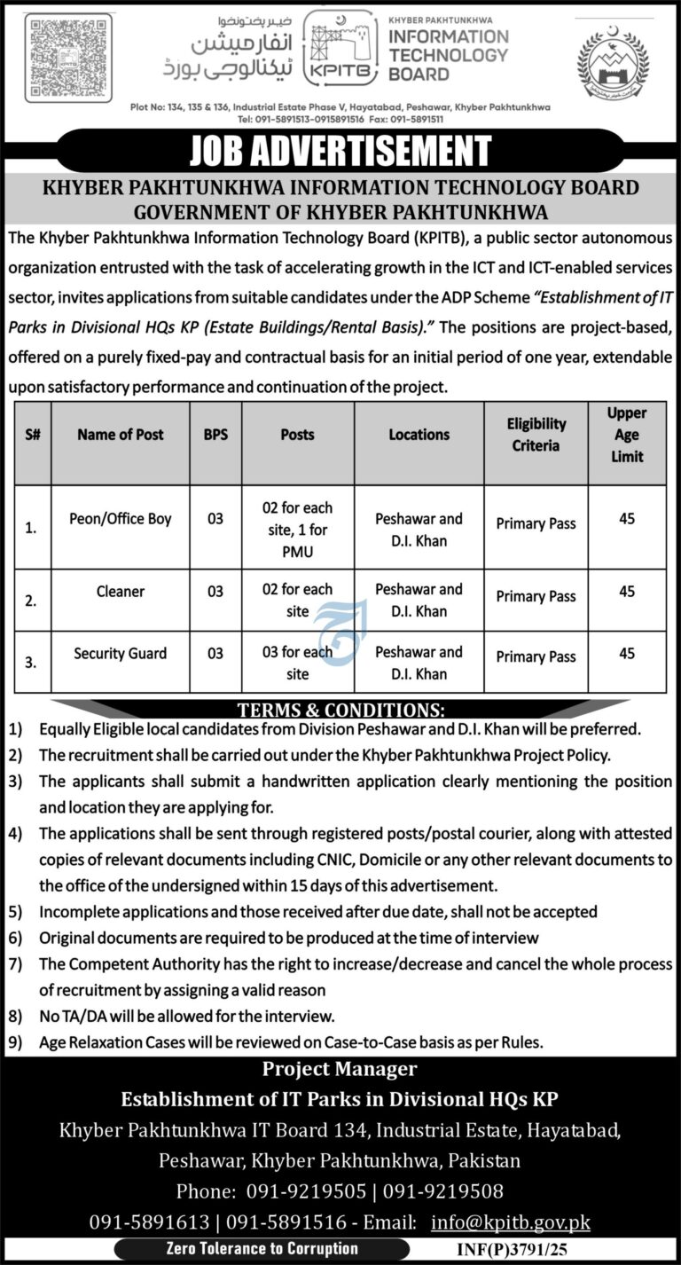 KPITB Jobs 2025 Apply for Peon, Cleaner, and Security Guard Positions in Peshawar & D.I. Khan