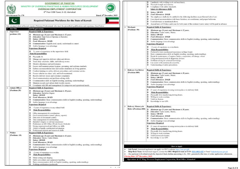 New OEC Kuwait Jobs 2025 for Pakistanis – 1,690+ Vacancies Announced | Apply Online