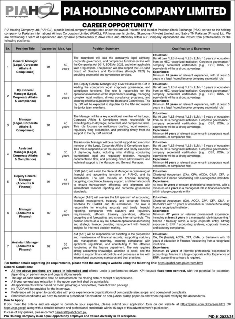 PIA Holding Company Limited Jobs 2025