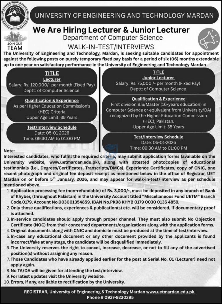 UET Mardan Lecturer & Junior Lecturer Jobs 2026