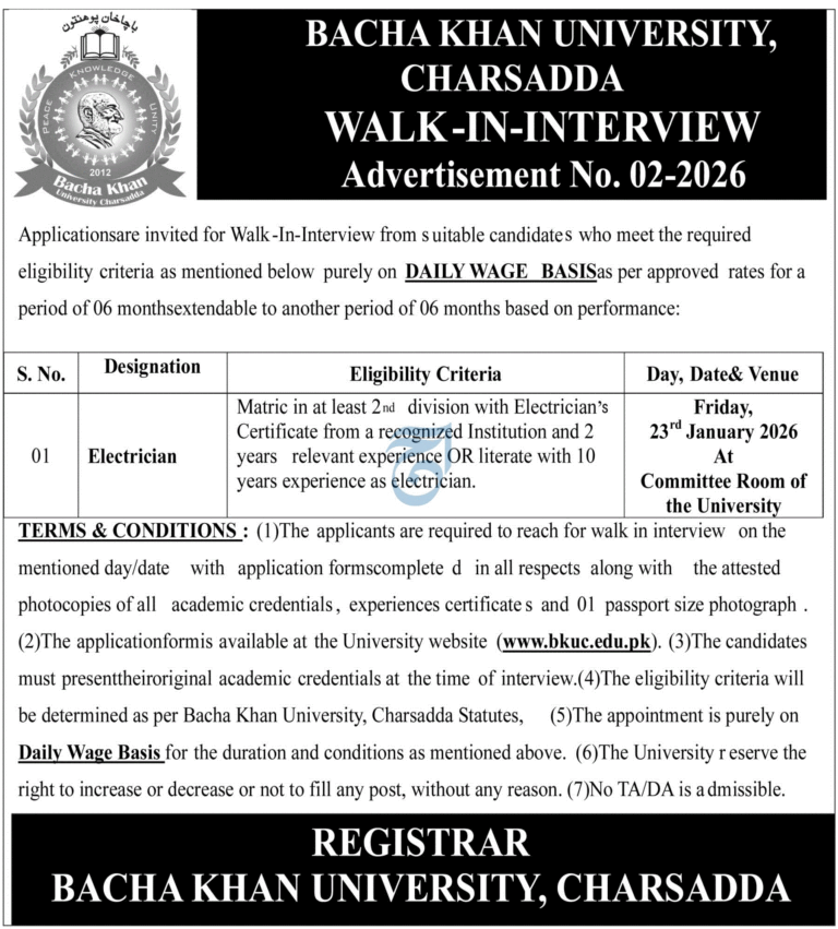 Bacha Khan University Charsadda Walk-In Interview 2026 – Electrician Jobs