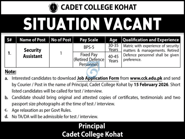 Cadet College Kohat Jobs 2026 – Latest Vacancy Announcement
