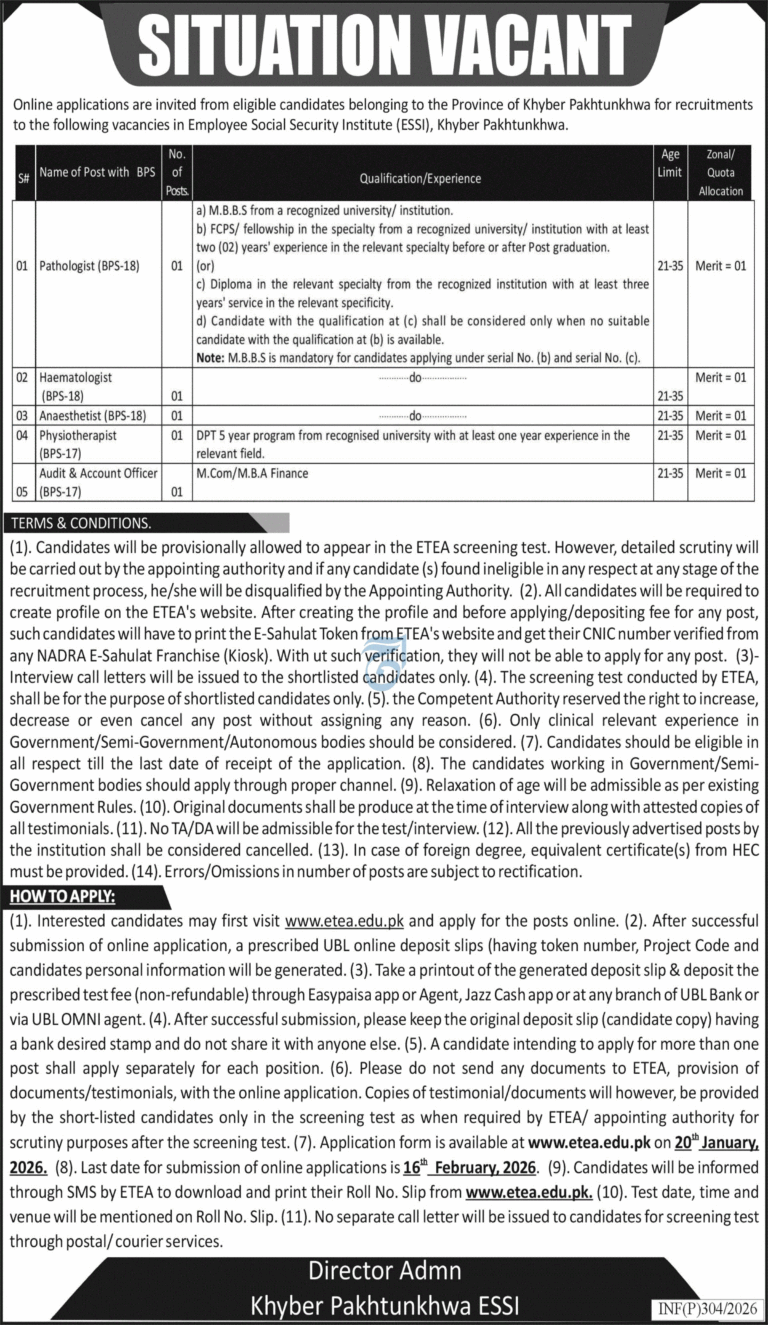 Employee Social Security Institute (ESSI),Khyber Pakhtunkhwa Jobs 2026 – Apply Online via ETEA
