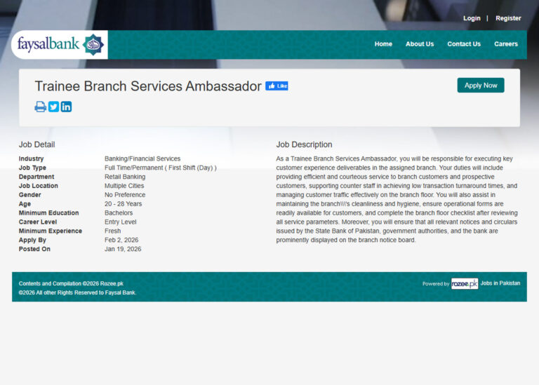 Faysal Bank is Hiring a Trainee Branch Services Ambassador