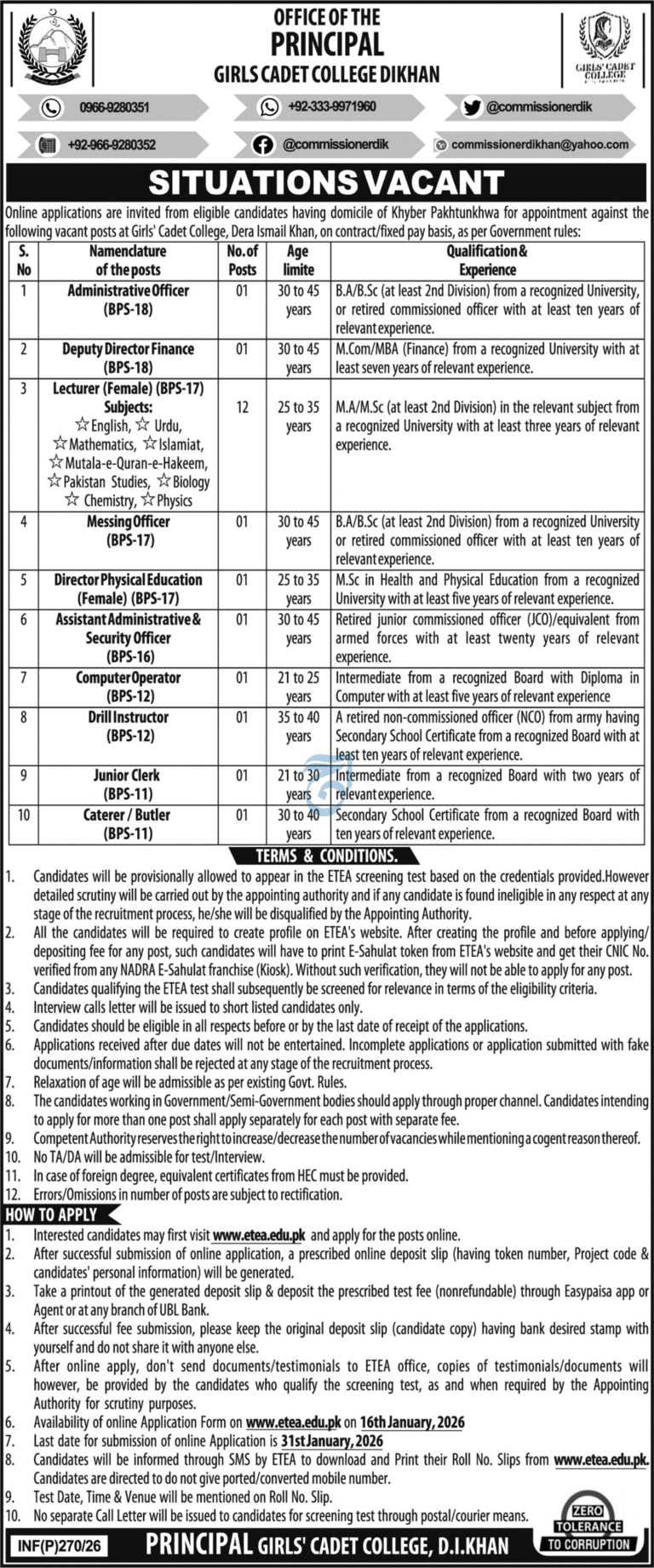 Girls Cadet College D.I. Khan Jobs 2026 – Apply Online via ETEA (BPS-11 to BPS-18)