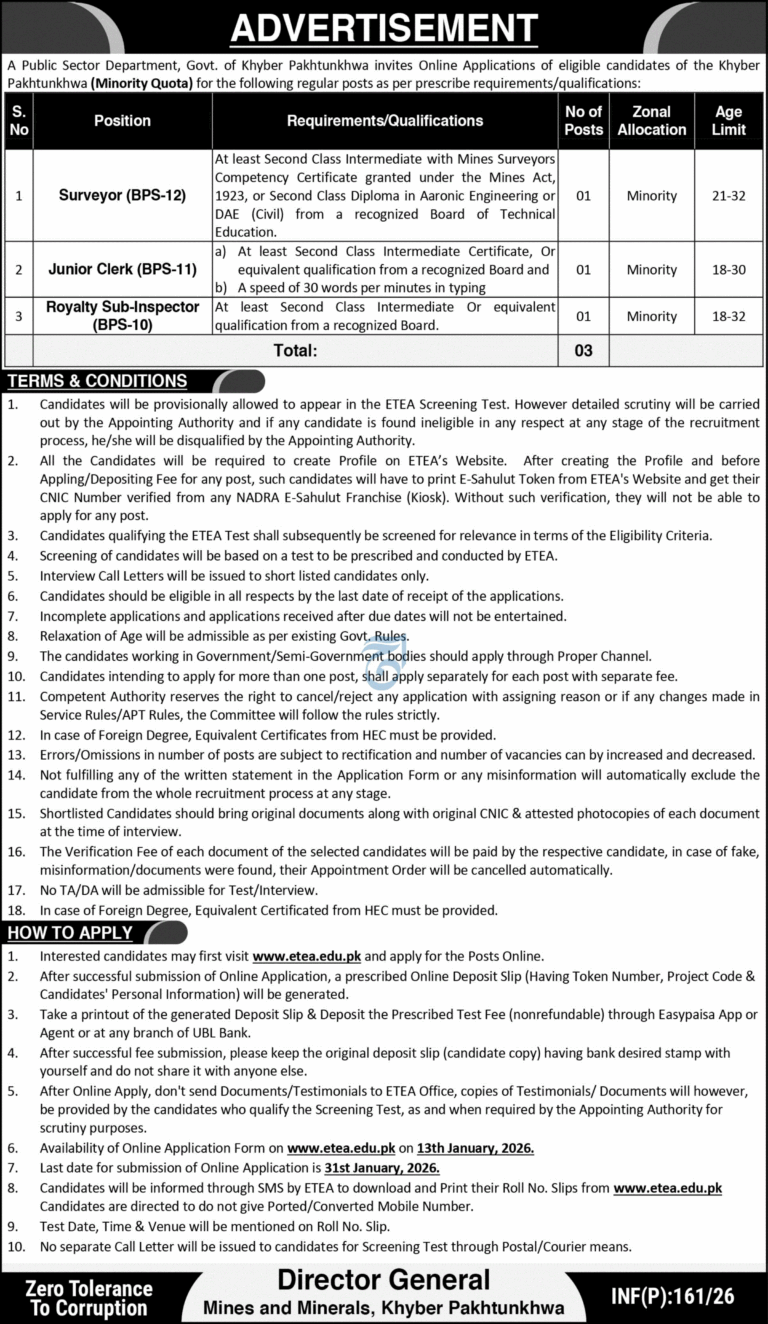 Khyber Pakhtunkhwa Public Sector Jobs 2026 – Surveyor, Junior Clerk & Royalty Sub-Inspector (Minority Quota)