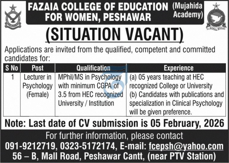 Lecturer in Psychology (Female) at Fazaia College of Education, Peshawar