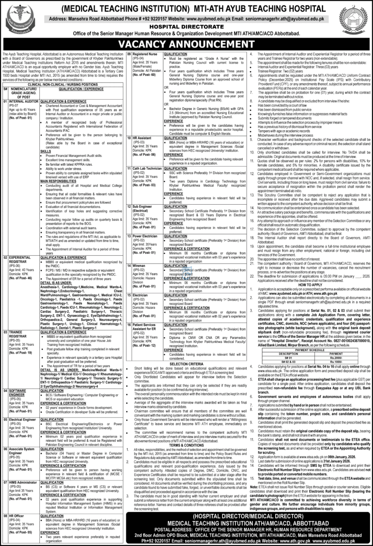 MTI Ayub Teaching Hospital Abbottabad Jobs 2026 – Apply Online for Medical & Non-Medical Posts