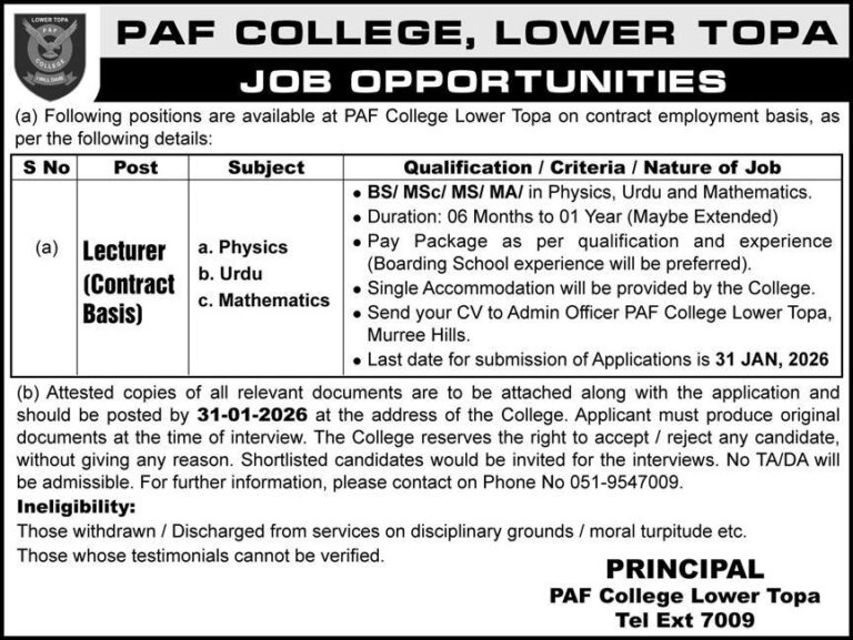 PAF College Lower Topa Jobs 2026 – Lecturer Vacancies in Physics, Urdu & Mathematics