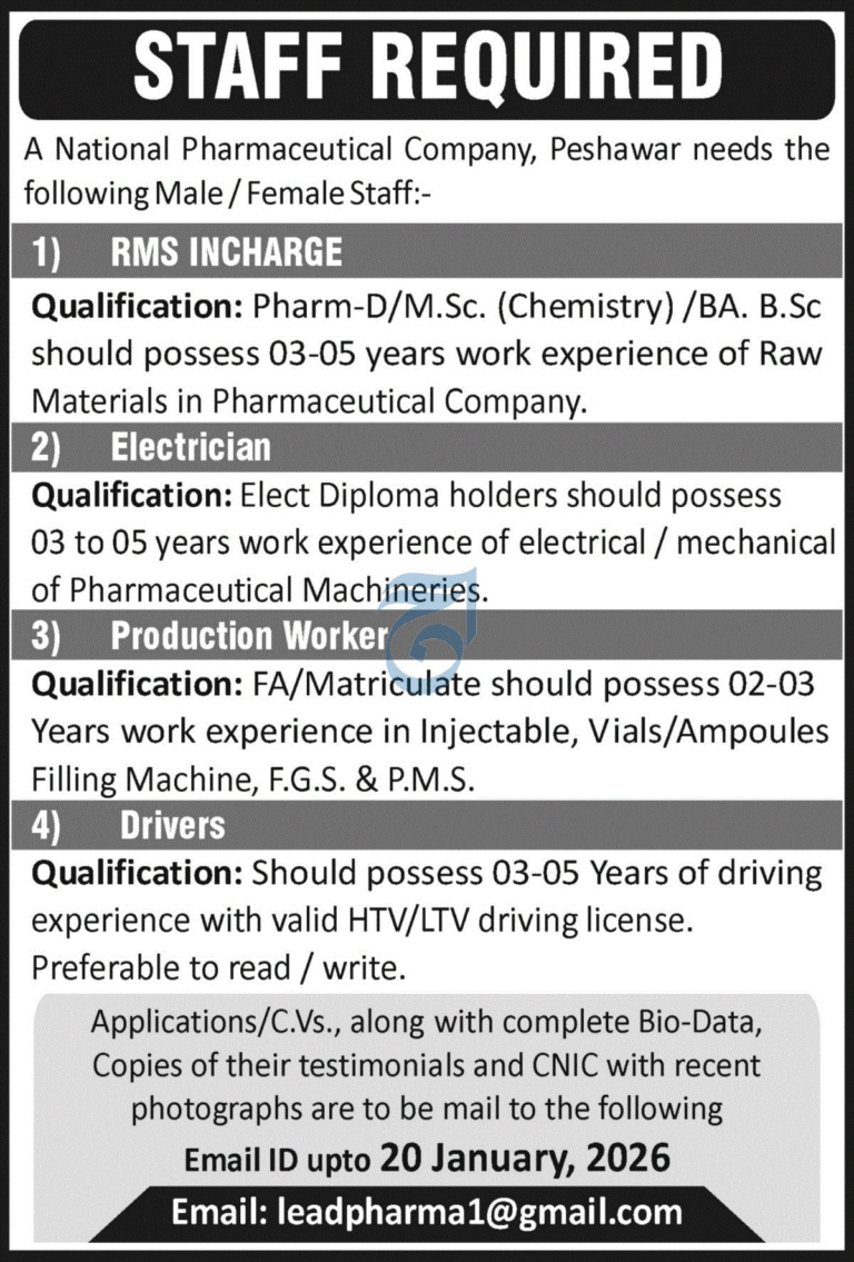 Pharmaceutical Company Jobs in Peshawar 2026 – RMS Incharge, Electrician, Production Worker & Drivers