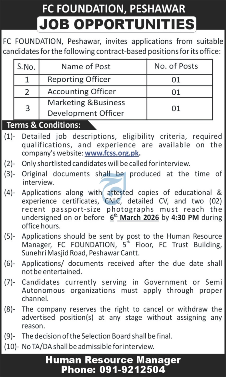 FC Foundation Peshawar Jobs 2026 – Apply for Reporting, Accounting & Marketing Posts
