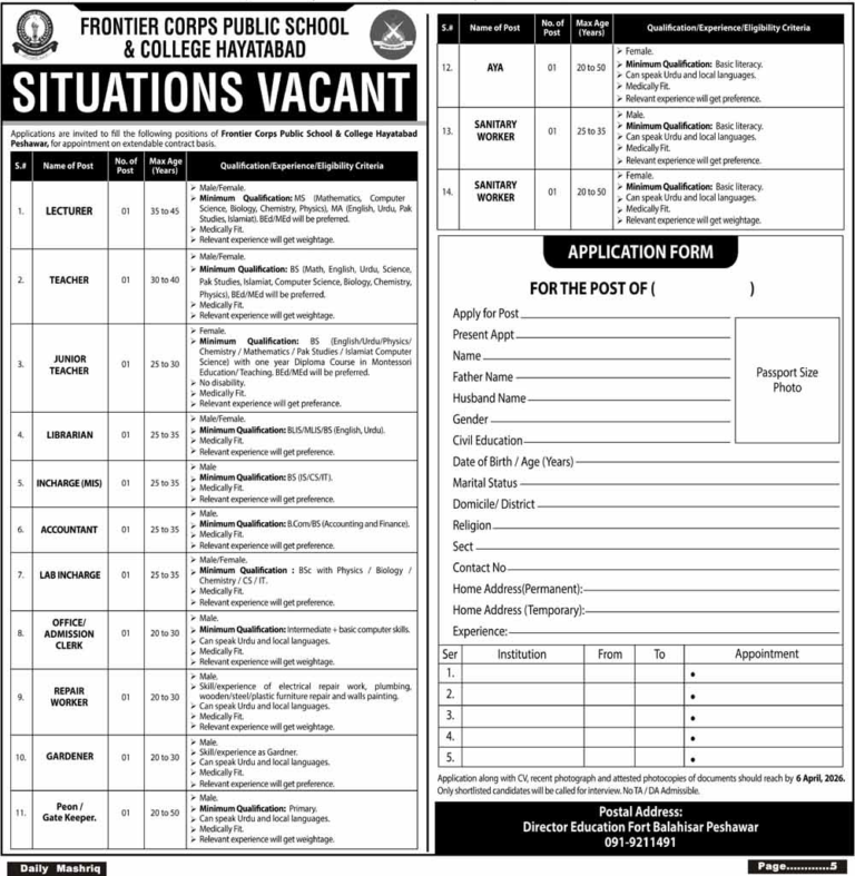 Frontier Corps Public School & College Hayatabad Jobs 2026