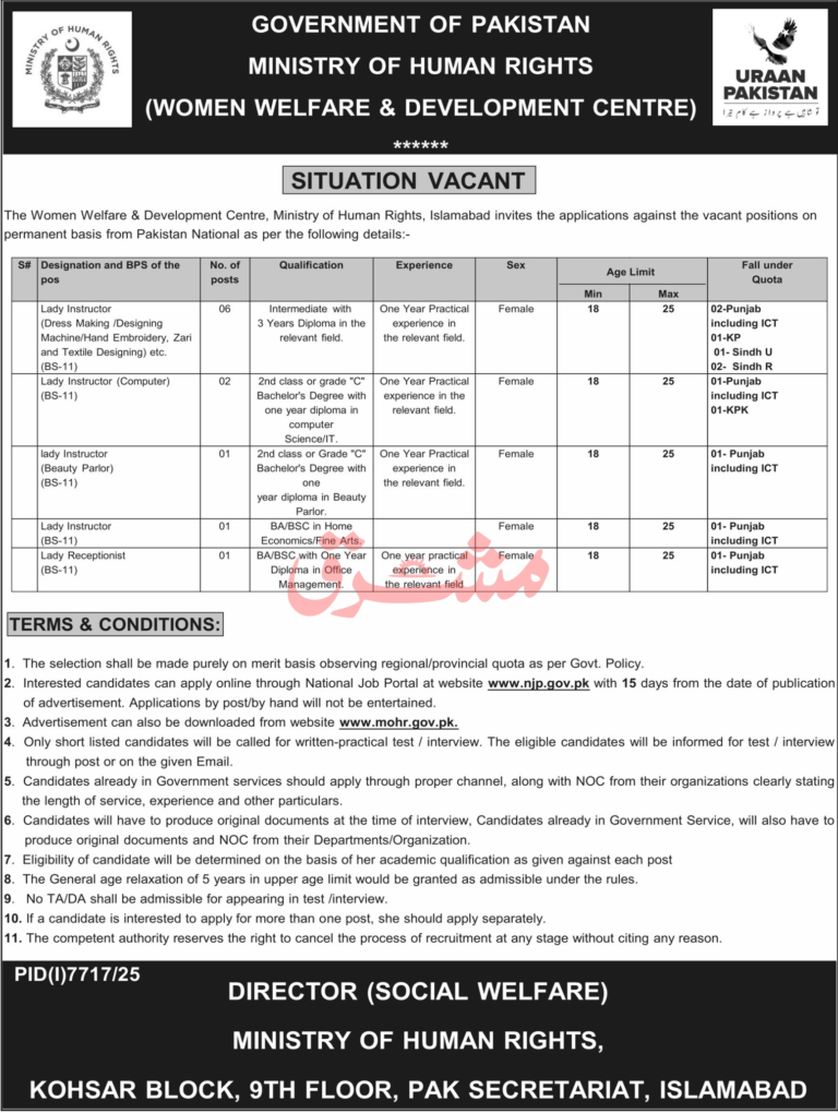 Ministry of Human Rights Pakistan Jobs 2026 – Women Welfare & Development Centre Vacancies Announced