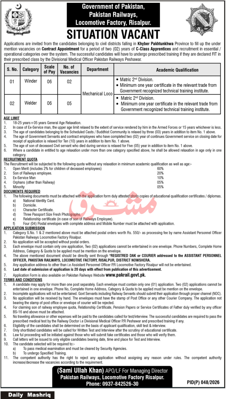 Pakistan Railways Jobs 2026 – Locomotive Factory Risalpur